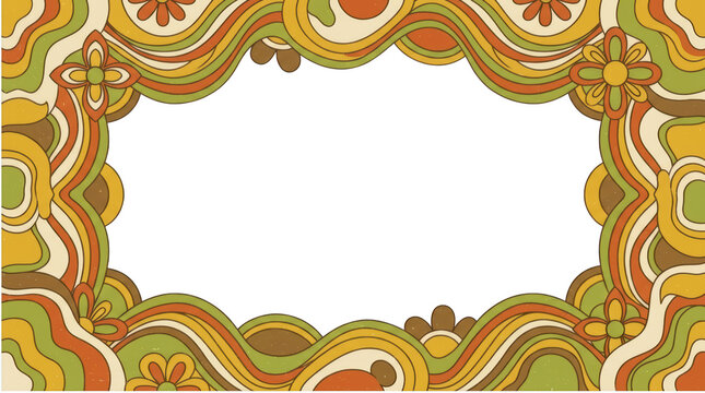 Retro 1970s groovy wavy floral border frame isolated on transparent background