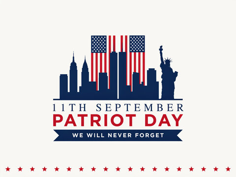 11th September Patriot Day banner with New York City skyline, Statue of Liberty, and American flag Twin Towers vector