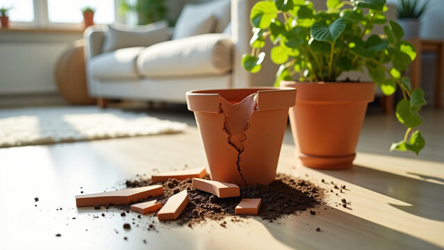 Cracked Terracotta Pot with Ivy and Soil