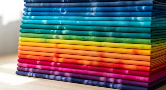 Rainbow Folded Fabric: A vibrant stack of folded fabric displays a mesmerizing gradient of colors, transitioning from deep blues and greens to bright yellows, oranges, and reds.