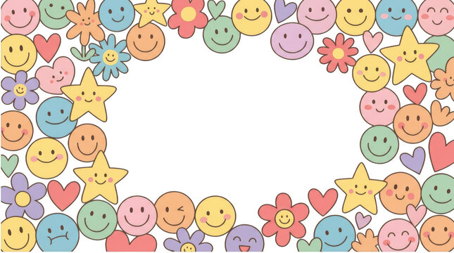 Cute smiley face, flower, star, and heart pattern border isolated on transparent background