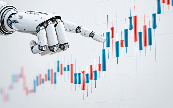 Robot finger pointing at stock market candlestick chart, symbolizing algorithmic trading and financial technology