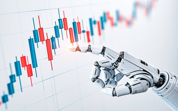 Robot finger pointing at stock market candlestick chart, symbolizing algorithmic trading and financial technology