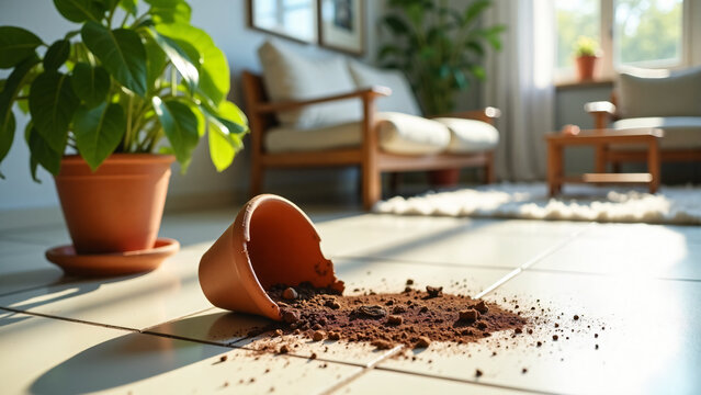 Broken Pot on Tile Floor with Pothos Plant