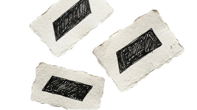 Three pieces of handmade paper with handdrawn black parallelograms isolated on transparent background