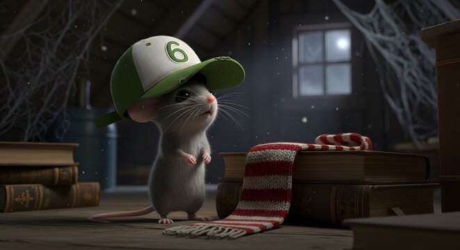Curious Mouse in Attic: A small, adorable mouse wearing a baseball cap stands in a dusty, cobweb-filled attic, surrounded by old books and a scarf. The atmosphere is whimsical and nostalgic.