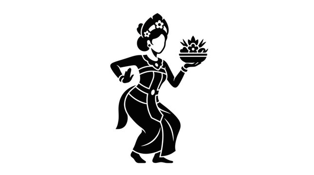 Traditional Balinese Dancer Holding Offering Bowl Silhouette Icon