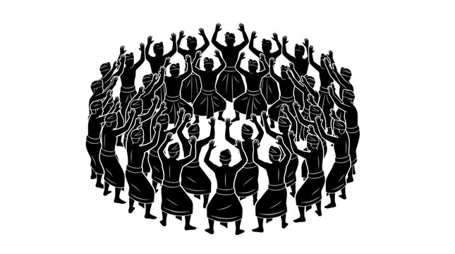 Stylized Group of People Dancing in a Circle with Raised Hands