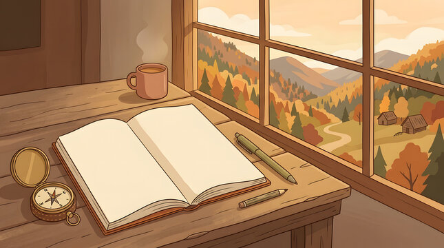 Blank open journal with compass and warm coffee on a wooden table with autumn landscape window view