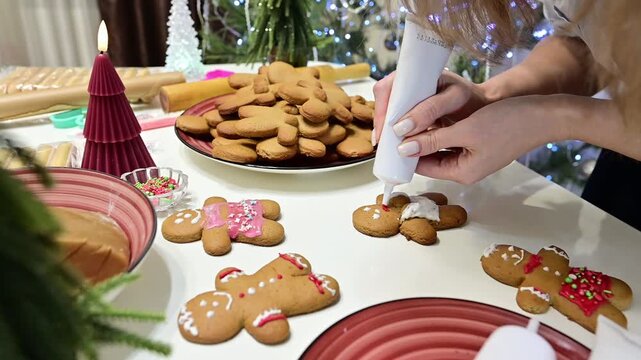 A woman decorates gingerbread cookies with icing on a table. The cookies are shaped like men and are set on a plate. A Christmas tree is in the background with lights.