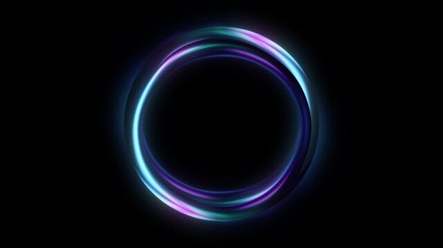 blue neon ring glows with holographic light on black background. Purple magenta gradient loop pulses through darkness. Futuristic circular portal, seamless motion loop.