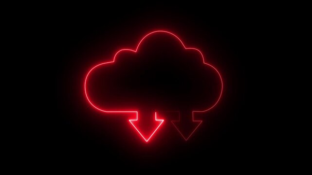 Neon red cloud computing with data download arrows, digital technology concept Animated cloud smart information network glowing line icon with hi-tech digital data connection system, Alpha channel