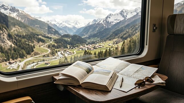 Scenic Train Travel with Book and Map Through Swiss Alps