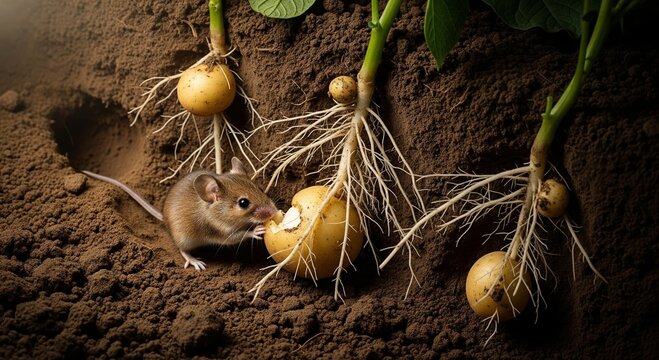 Mouse eating a potato among underground roots. Wildlife feeding scene illustrating garden pest, crop damage, agriculture, food chain, and natural ecosystem concept.