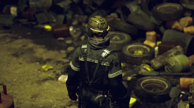 Scavenger in armored suit navigating tire wasteland, collecting usable parts from broken machinery, muted green lighting, solitary survival expedition, tense