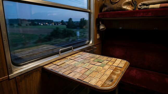 Vintage Train Cabin Interior with Collection of Old Paper Tickets on Table