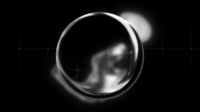 Monochrome glass sphere reflects soft white glow. Sleek black orb floats above digital tech grid. Minimalist sci-fi background, seamless loop.