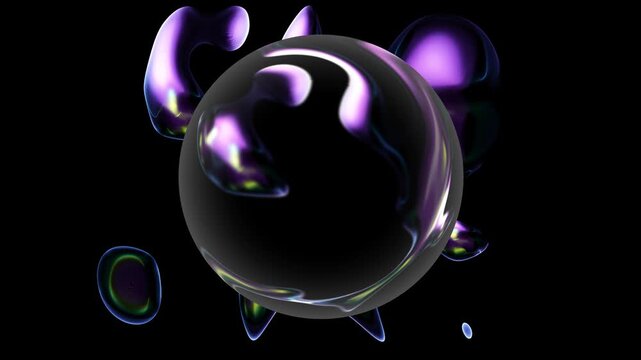 Colorful liquid glass sphere gleams on isolated black background. Trendy design orb reflects violet iridescent light, seamless loop.