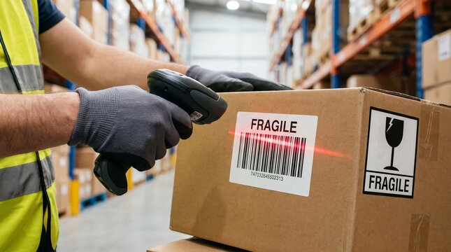Warehouse worker scanning fragile cardboard package with barcode reader in storage facility. Logistics, inventory management, shipping, and supply chain technology concept.