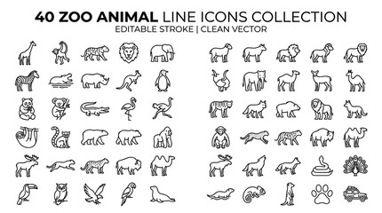 Fototapeta premium Collection of 40 zoo animal line icons editable stroke clean vector