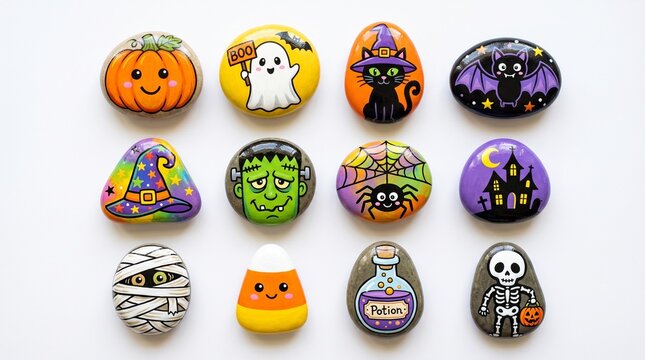 Cute Halloween painted rocks set, pebble art characters isolated