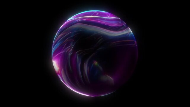 Digital hologram sphere in blue violet tones on black background. Digital technology orb formed of pixels and glowing particles. Futuristic data core, mesmerizing texture, seamless loop.