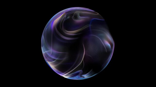 Colorful dust particles form orb smooth motion. Abstract sphere of liquid plasma and stardust. Violet radiant energy core waves shimmer with mystical light loop.