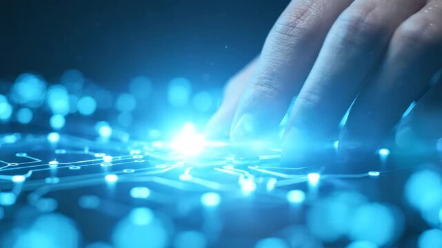 Hand placing glowing puzzle chip on circuit board showcasing digital data processing, cyber connections and futuristic hardware, concept for artificial intelligence and network integration