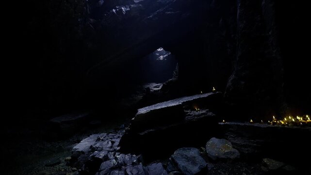 Gothic tomb interior shrouded in candlelight and shadow, cracked stone slabs and carved motifs, slow dripping water and heavy darkness intensify eerie