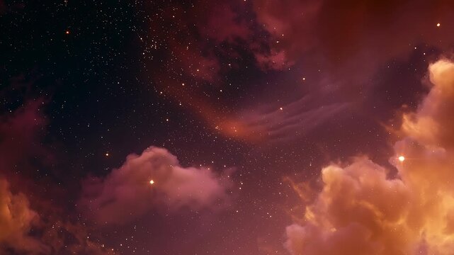 Painterly reddish orange twilight clouds with faint star clusters