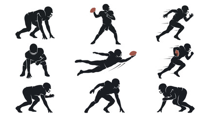 Fototapeta premium Football players silhouettes showing various dynamic poses like running passing and crouching on white background