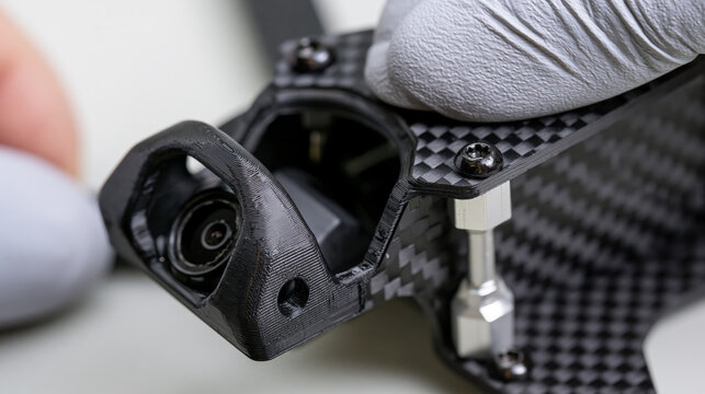High angle macro of engineer placing 3D printed shockproof camera bumper onto carbon fiber FPV frame. Precision additive manufacturing and hardware drone protection process