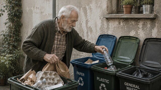 Elderly man sorting paper and plastic waste into recycling bins outdoors. Environmental responsibility, sustainable living, waste management, and community recycling concept.