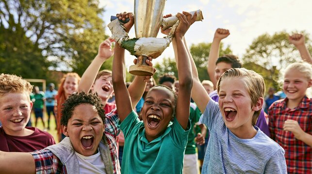 Children celebrating outdoor sports victory, raising homemade trophy with bright smiles, cheering faces, teamwork energy, neighborhood pride, warm sunlight, lively community spirit, joyful