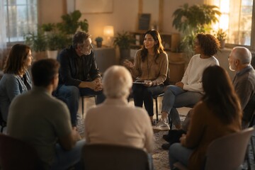 Obraz premium Diverse multiethnic group of adult people sitting in a circle listening to a female speaker during a counseling session
