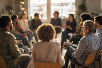 Obraz premium Diverse multiethnic people gather in a support group meeting for open communication and mental wellbeing
