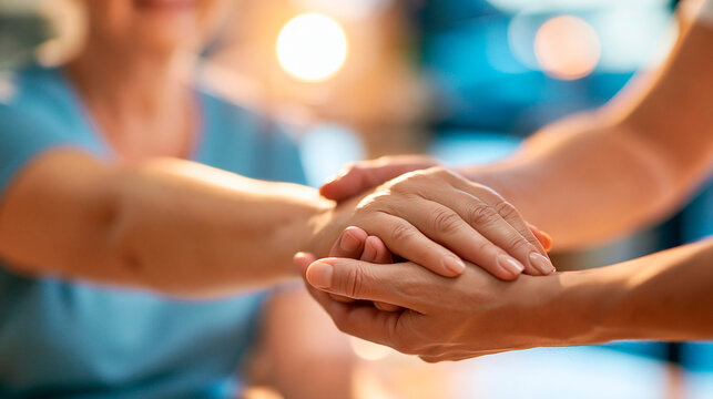 close-up of a physical therapist's hands supporting a patient's arm during a gentle exercise in bright even lighting, faces out of frame, compassionate patient support concept,
