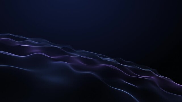 Blue purple particle data waves flow in seamless loop. Futuristic technology landscape ripples on dark background, elegant sci-fi motion.