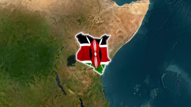 Kenya Map Silhouette with National Flag Overlay Animation on Africa Satellite Earth Globe