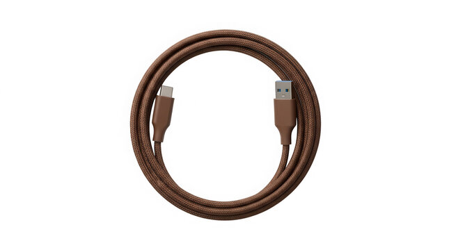 Brown coiled usb charging cable for electronic devices