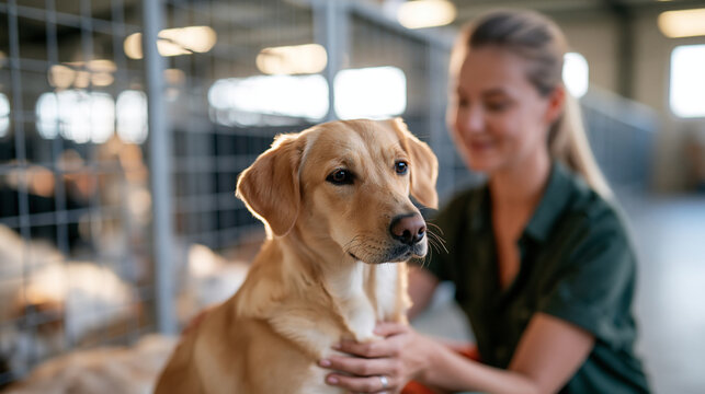 rear view of a volunteer comforting a rescued dog at a bright animal shelter, back to camera, rows of cages visible in the background, companionship and care concept, community,