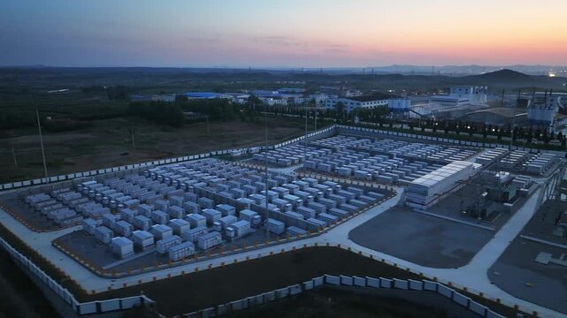 Large-scale energy storage station captured at dusk with aerial view showing modular battery arrays and industrial facility layout