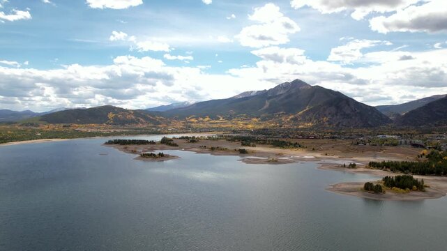 Scenic aerial view of Dillon Reservoir and Frisco Colorado during autumn.