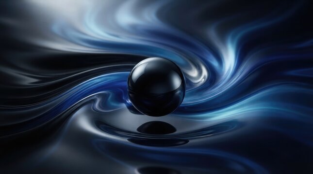 A dark metallic sphere floating in the center of a swirling vortex of blue and black abstract liquid waves
