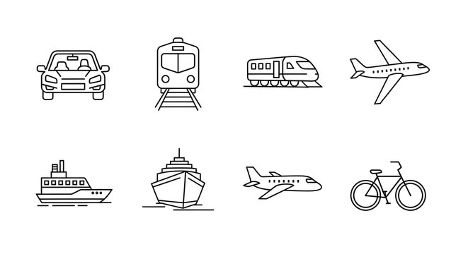 Collection of black line icons representing various modes of transportation