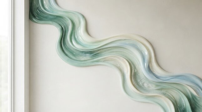 Abstract flowing wave pattern with soft green and blue gradients on a clean light grey textured background surface