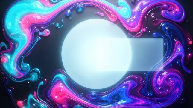 A glowing white circular frame surrounded by vibrant swirling liquid paint in shades of neon blue and magenta pink
