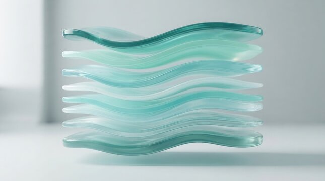 Abstract background featuring multiple layers of translucent green wavy glass sheets stacked horizontally against a soft white studio backdrop
