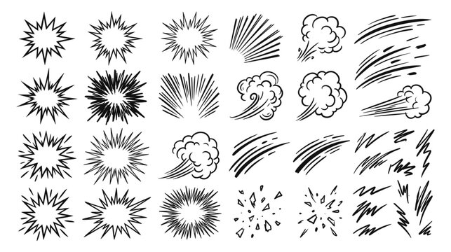Set of comic book explosion, impact, speed lines, and smoke effects vector illustration.