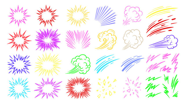Set of handdrawn comic book style explosion, speed lines, and smoke effect elements colorful vector illustration.
